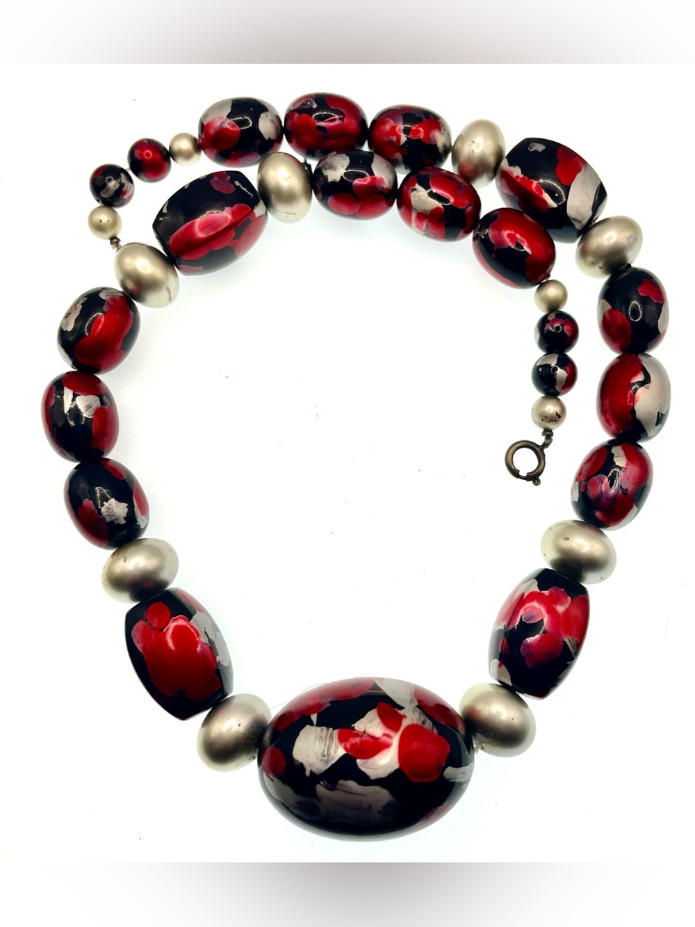 Vintage 80s Oversized Statement Necklace Black Red Silver Lucite Acrylic Beads